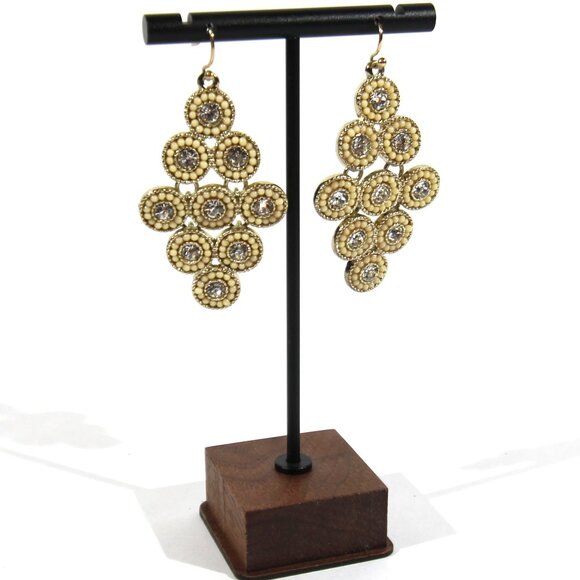 Jewelry - Vintage Gold Tone Chandelier Earrings with Yellow Beads and Clear Rhinestones